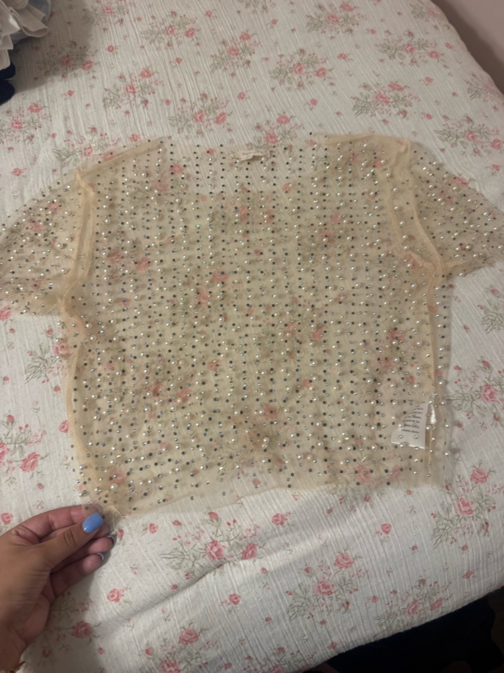 Sheer Nude Short-Sleeve Embellished Tee